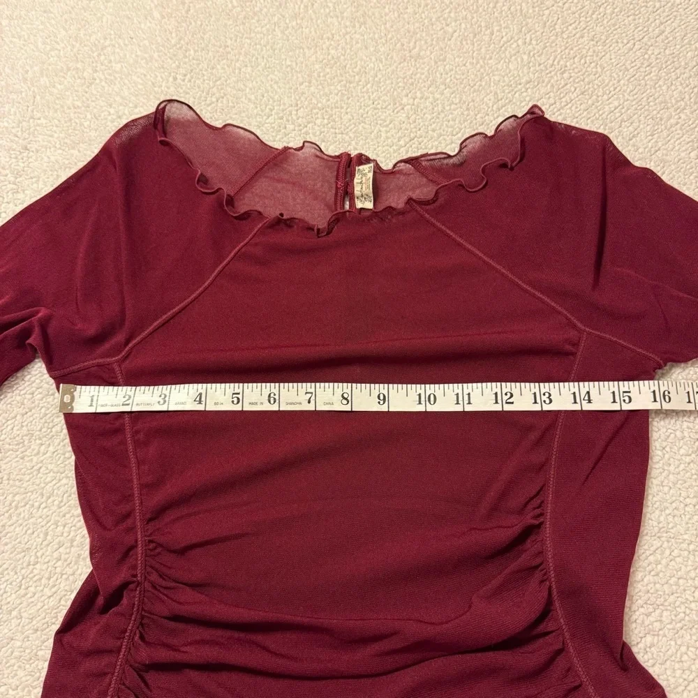 Free People Deep Red Ruched Long Sleeve Sheer Mesh Bodysuit Burgundy